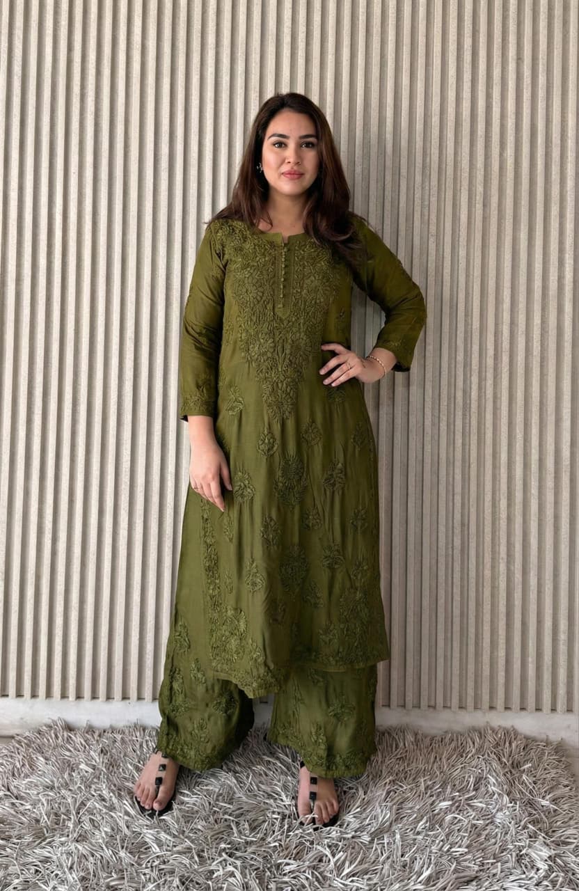 Deep earthy Olive Green Lucknowi Chikankari Anchor Thread 3D Work Muslin Kurta & Palazzo Set