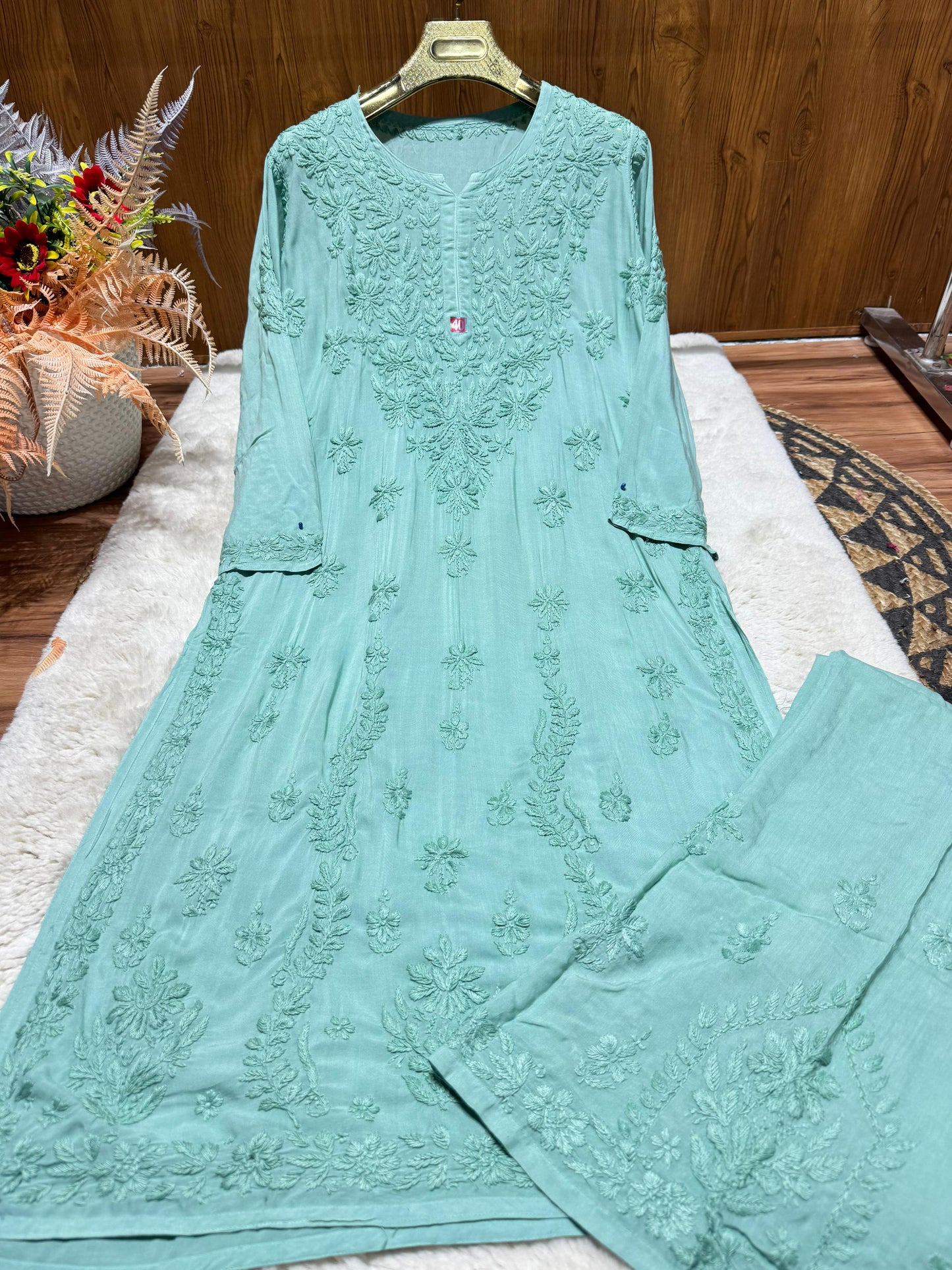 Pastel Green Plus Size Lucknow Chikankari Modal Kurti with Palazzo Set
