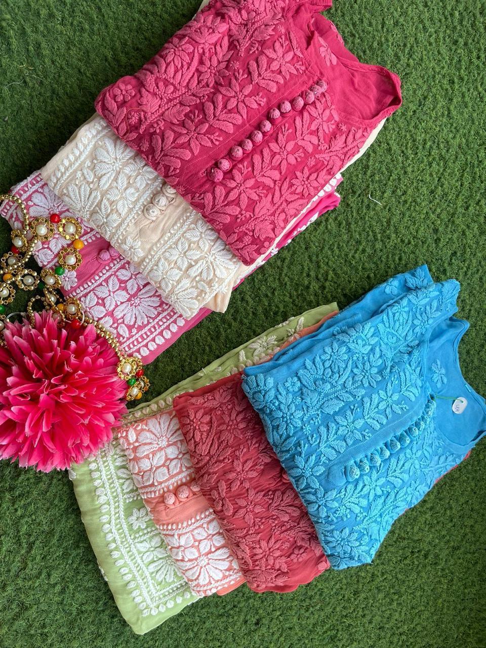 Peach Beautiful 3D Viscose Lucknow Chikankari Work Kurti and Pallazo - Inayakhan Shop