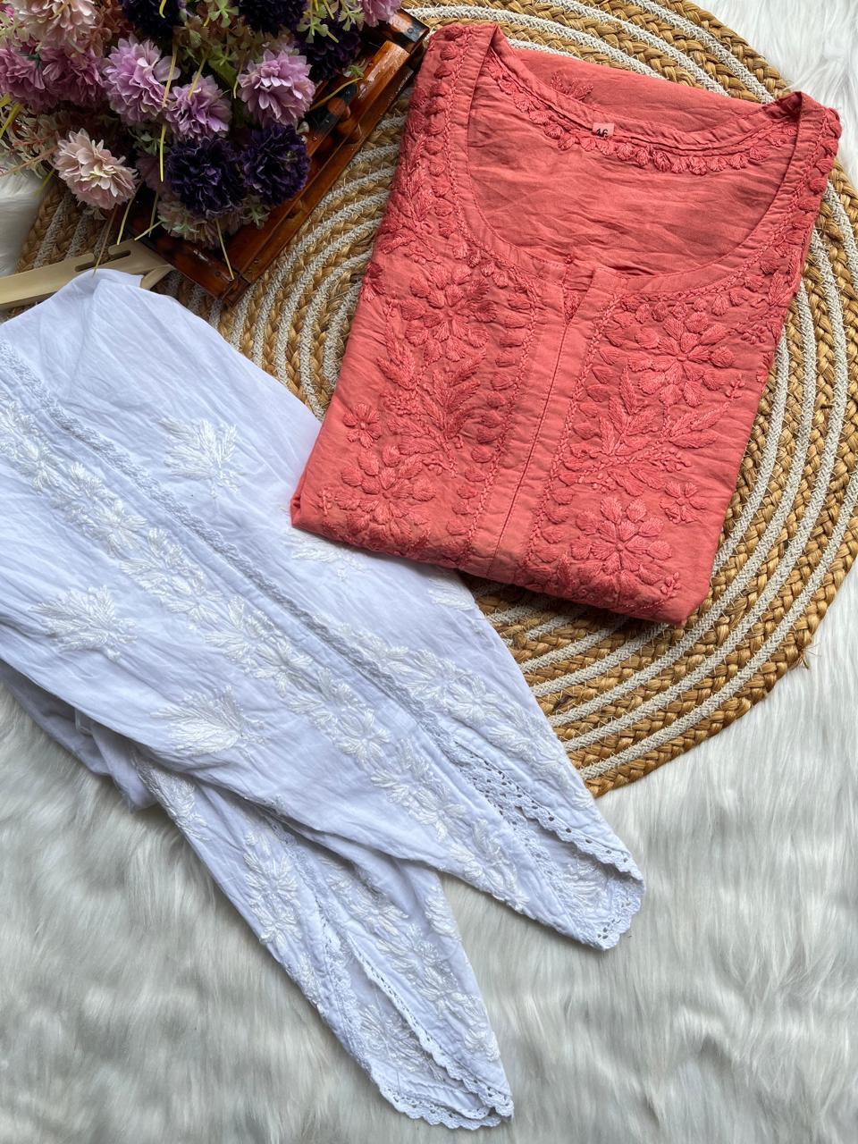 Peach Chanderi Silk Short Chikankari Kurti and Cotton Dhoti Tulip Pant Co-ord Set - Inayakhan Shop
