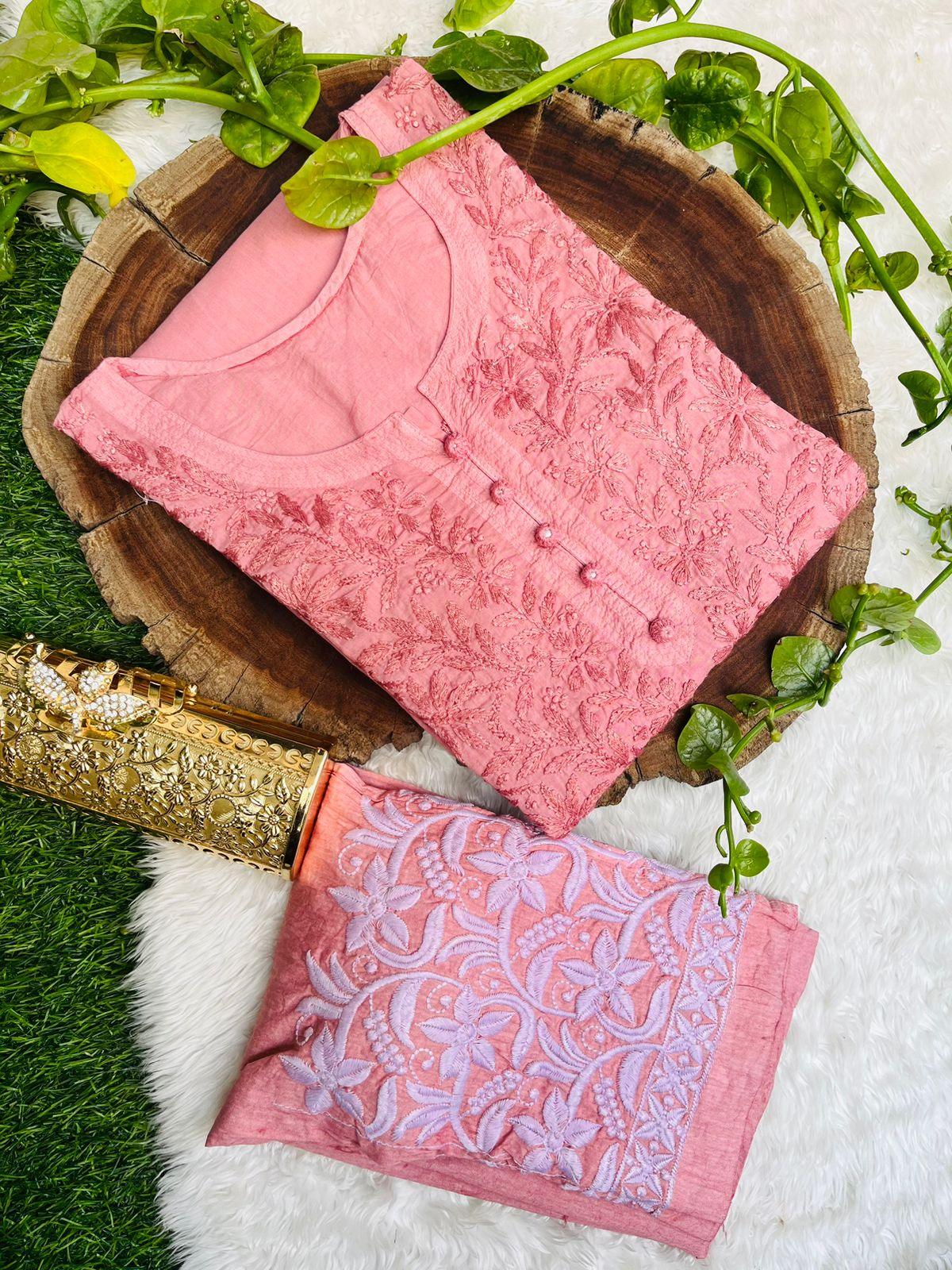 Peach Graceful Cotton Chikankari Work Set: Kurti + Pant up to 6 XL ++ Sizes - Inayakhan Shop