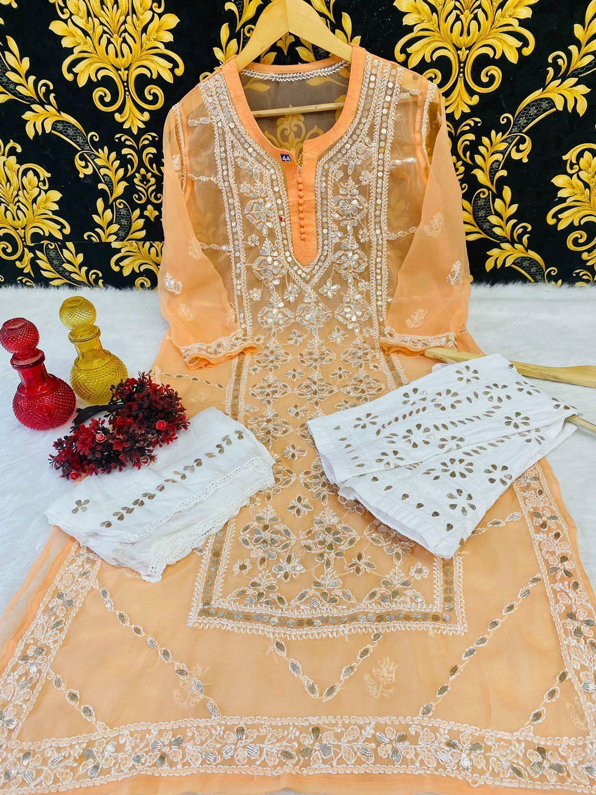 Peach Graceful Lucknawi Georgette Chikankari GotaPatti Ensemble (Inner Included) - Inayakhan Shop