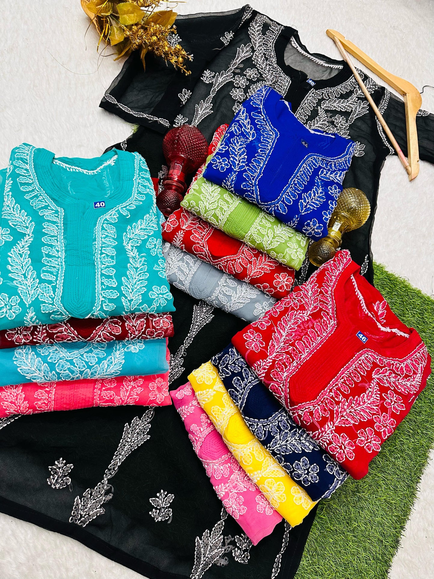 Peach Pink Enchanting Gala: Lucknawi Georgette Chikankari Booti Kurti Set - Inayakhan Shop