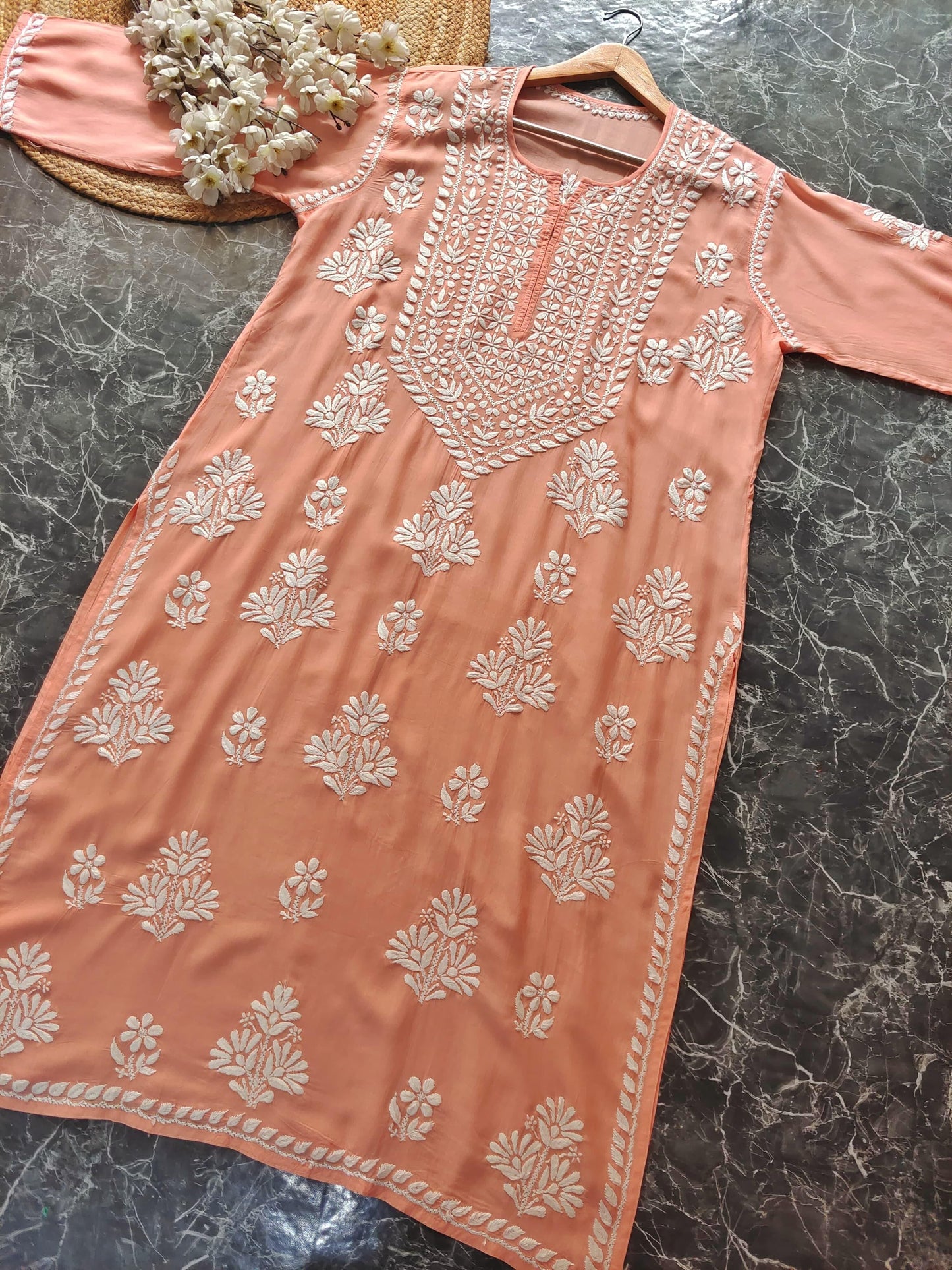 Peach Premium Chikankari Modal Heavy Work Kurti ✨ - Inayakhan Shop
