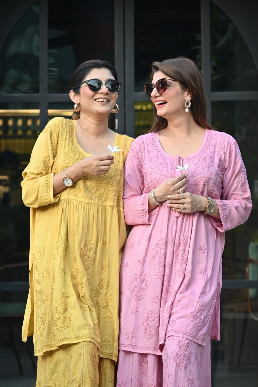 Peach Premium Modal Silk Chikankari Kurti and Gharara Set Limited Stock - Inayakhan Shop