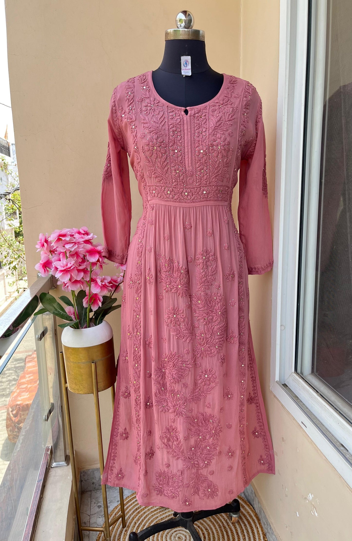 Peach Premium Viscose Lucknow Chikankari Mukaish Hand Work Nyra Cut Kurti - Inayakhan Shop