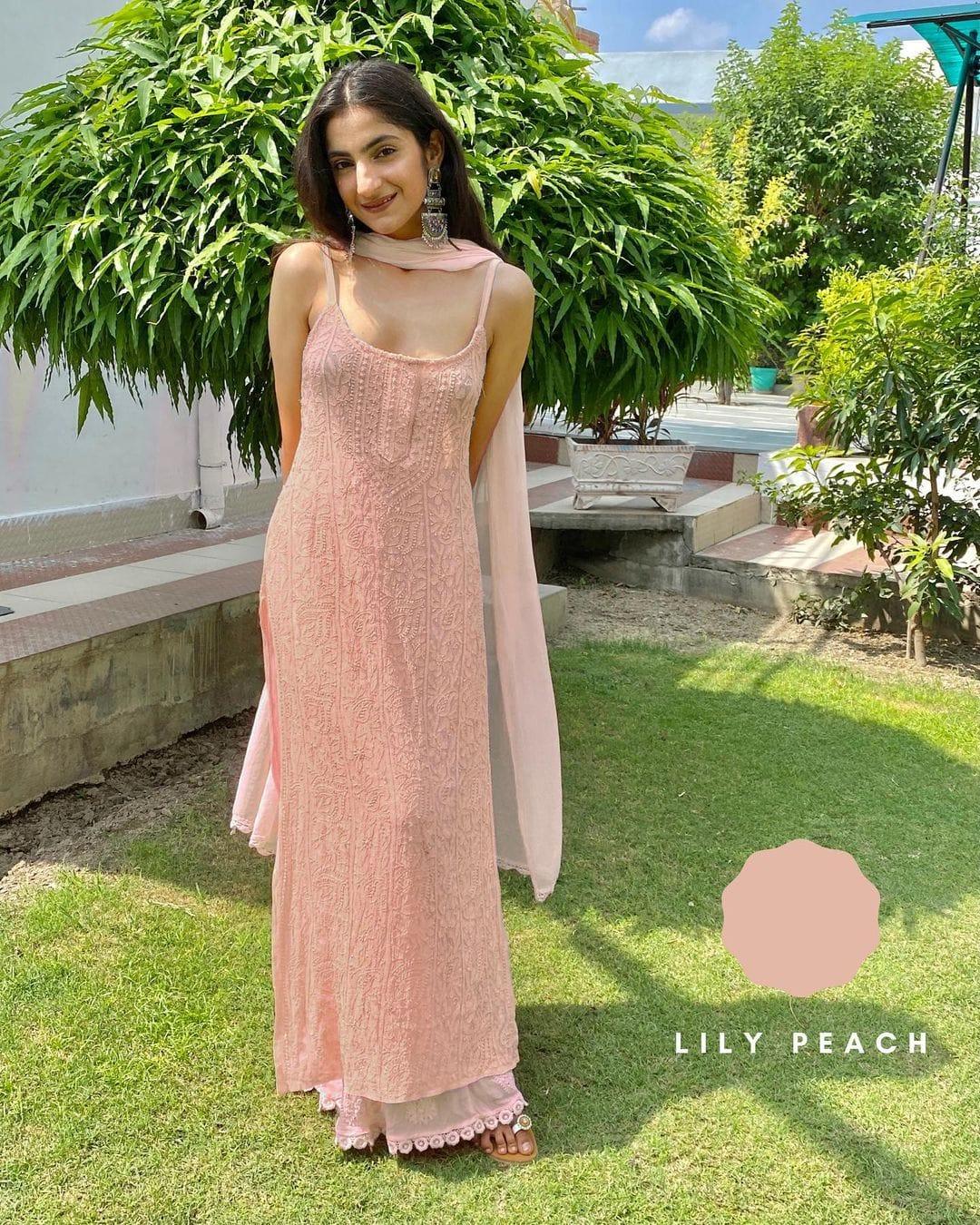 Peach Viscose Strappy Chikankari Handwork Short Kurti , Viscose Sharara, Chiffon Dupatta - Inayakhan Shop