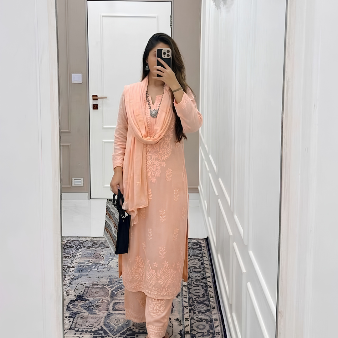 Powdered Peach Ethereal Dyeable Modal Chikankari Kurta Set (New)