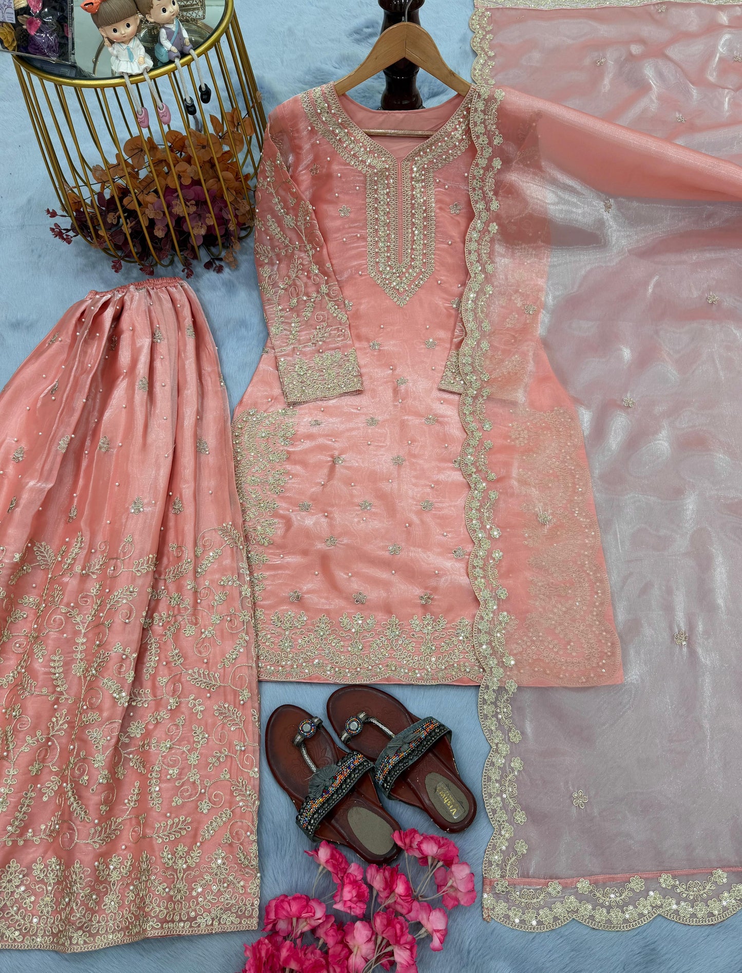 Peach Ethereal Silk Embroidered Ensemble Eid Special