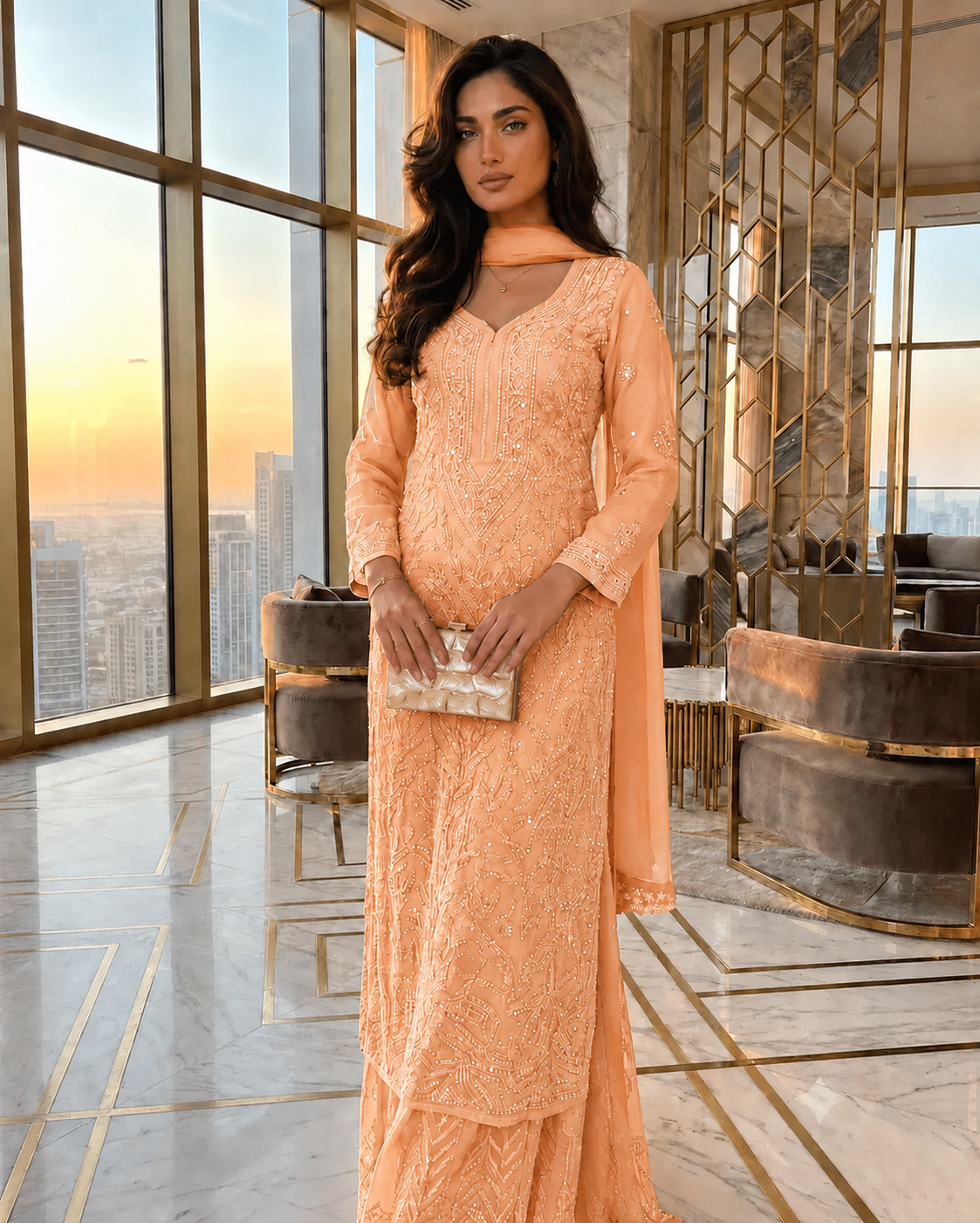 Soft orange-peach Ethereal Viscose Chikankari & Mukaish Work Ensemble (NEW)