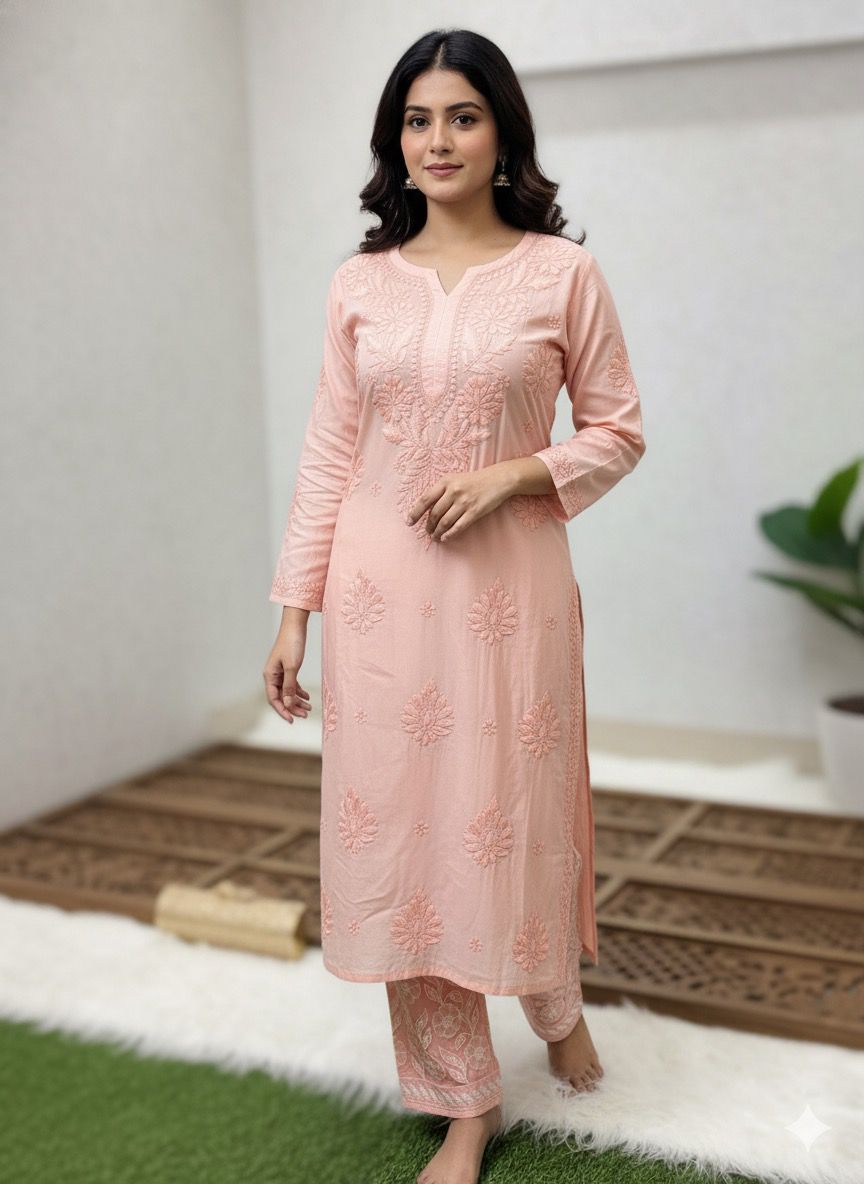 Peach Lucknow Chikankari Handcrafted Muslin Kurti with Cutwork Embroidery Pant Set