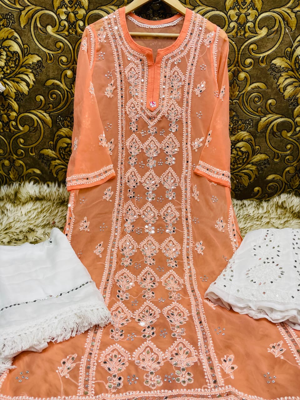 Peach Handcrafted Lucknow Chikankari Mirror Sharara Set