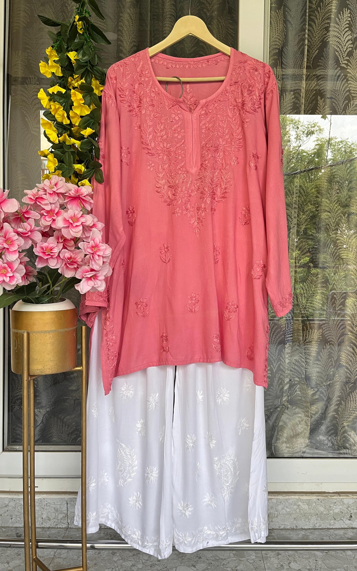 Peach Lucknowi Chikankari Plus Size Premium Rayon Short Kurti & Pallazo Set ✨ (Upto 6 XL)