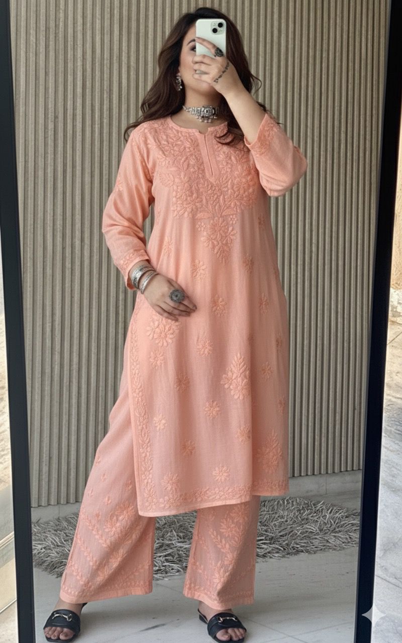 Peach Lucknow Chikankari Rayon Kurta Palazzo Co-ord Set with Tone-to-Tone Hand Embroidery Plus Size