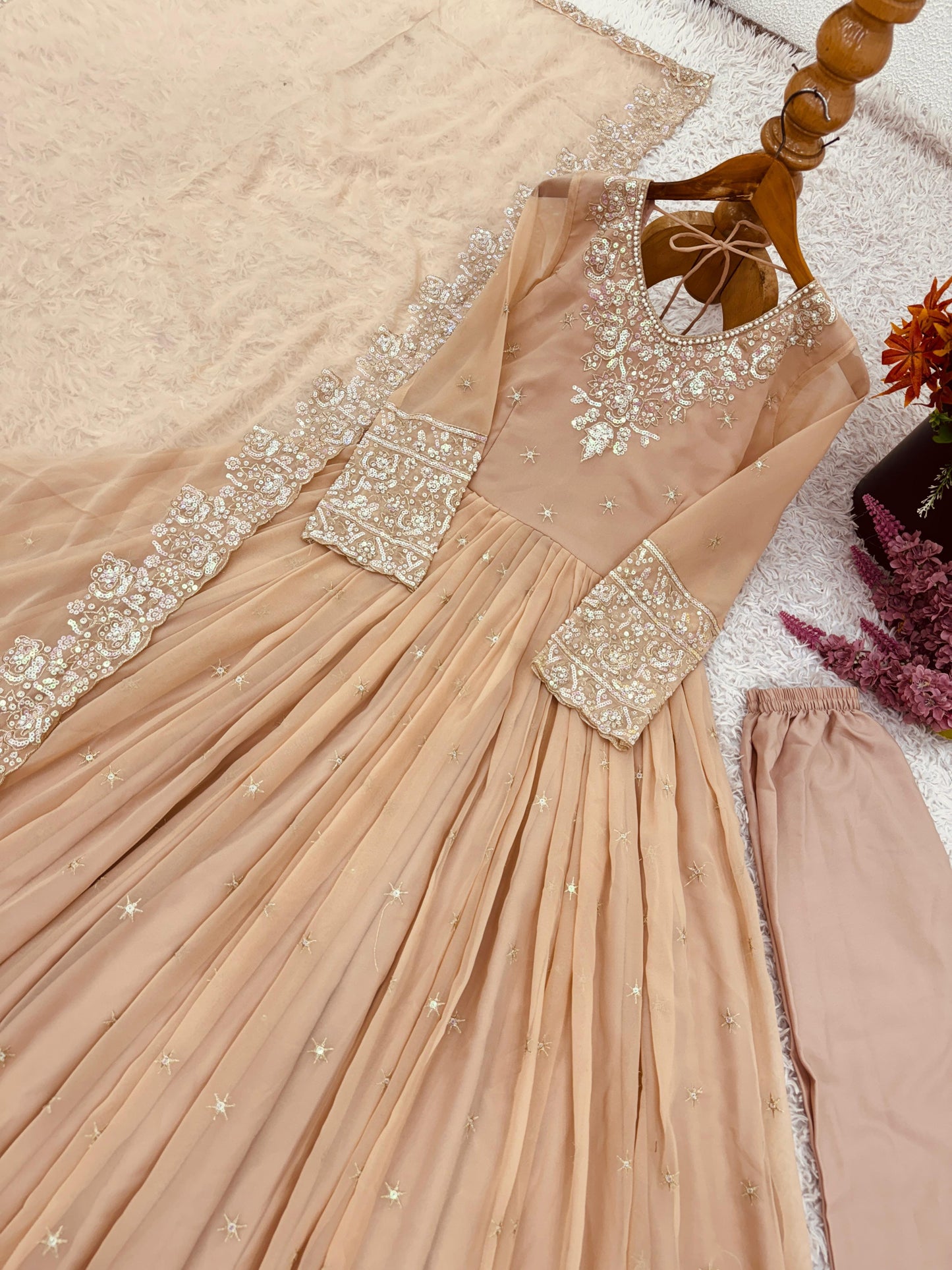 Peach Embroidered Georgette Women's Party Wear Gown Set
