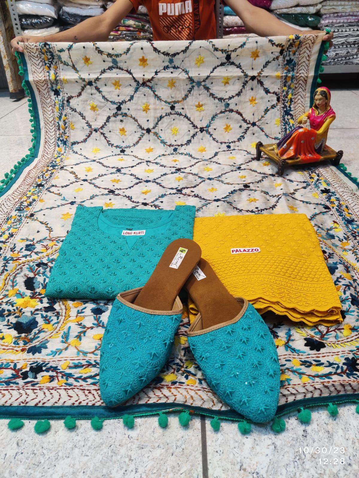 Phulkari Suit With Handmade Mirror Work Dupatta-Blue & Yellow - Inayakhan Shop