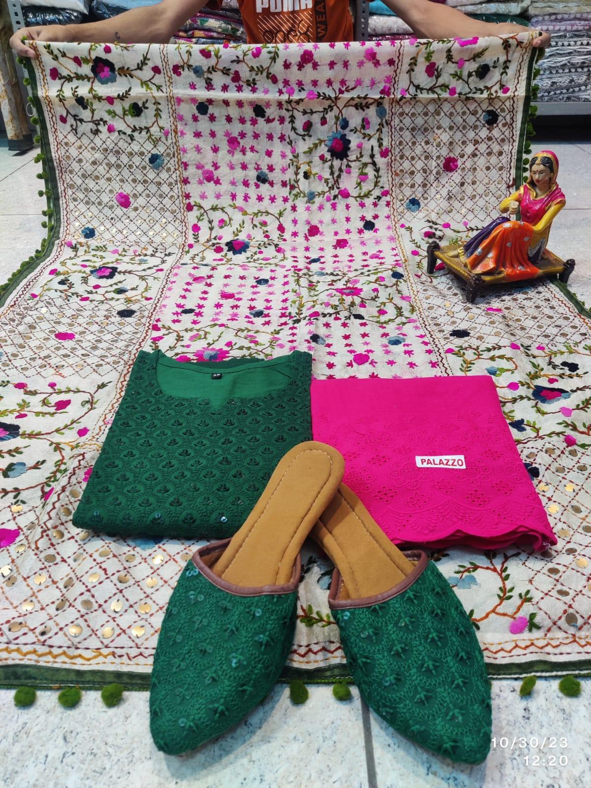 Green and pink shipping mirror work Dupatta