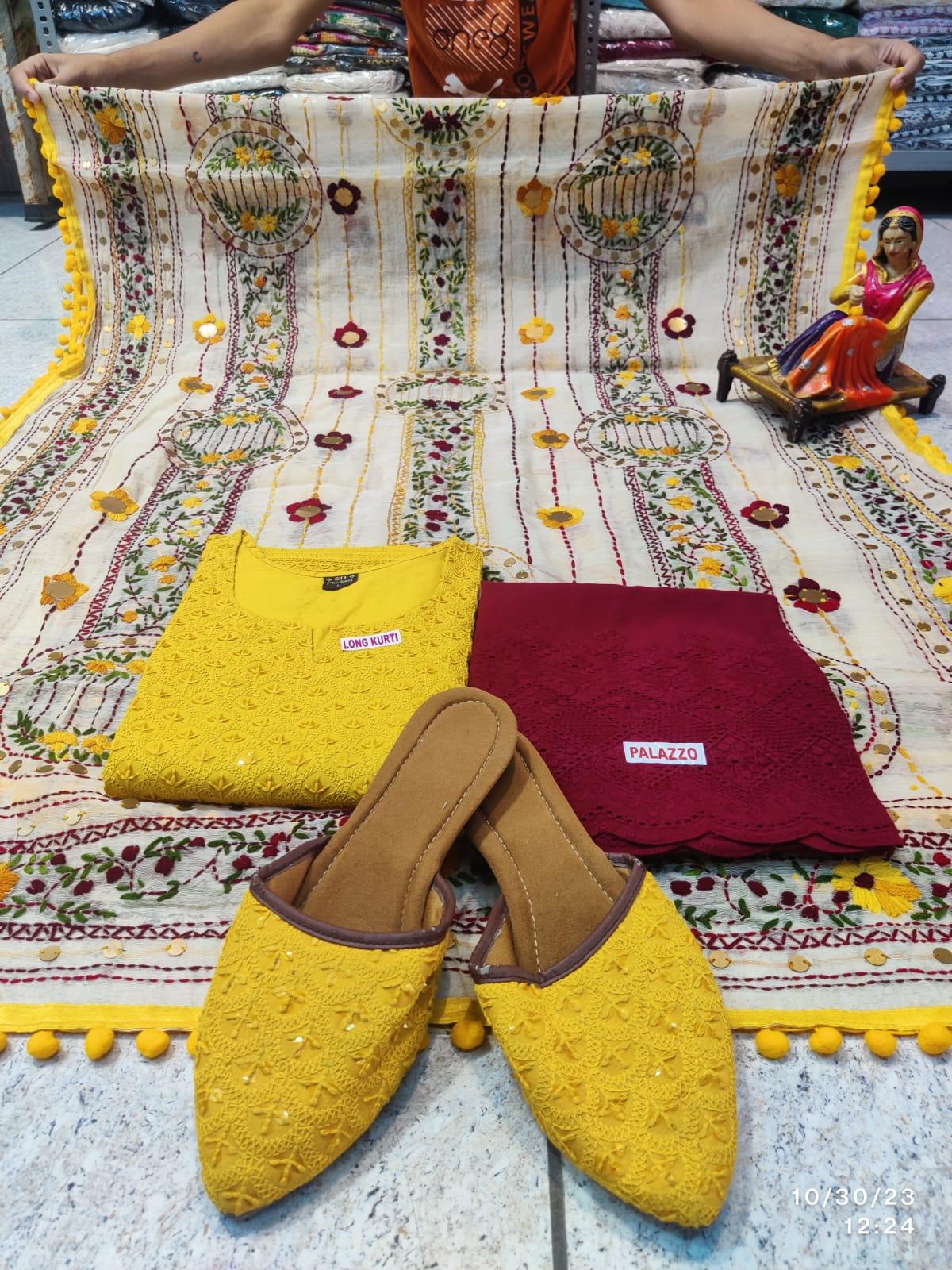 Phulkari Suit With Handmade Mirror Work Dupatta-Yellow & Maroon - Inayakhan Shop