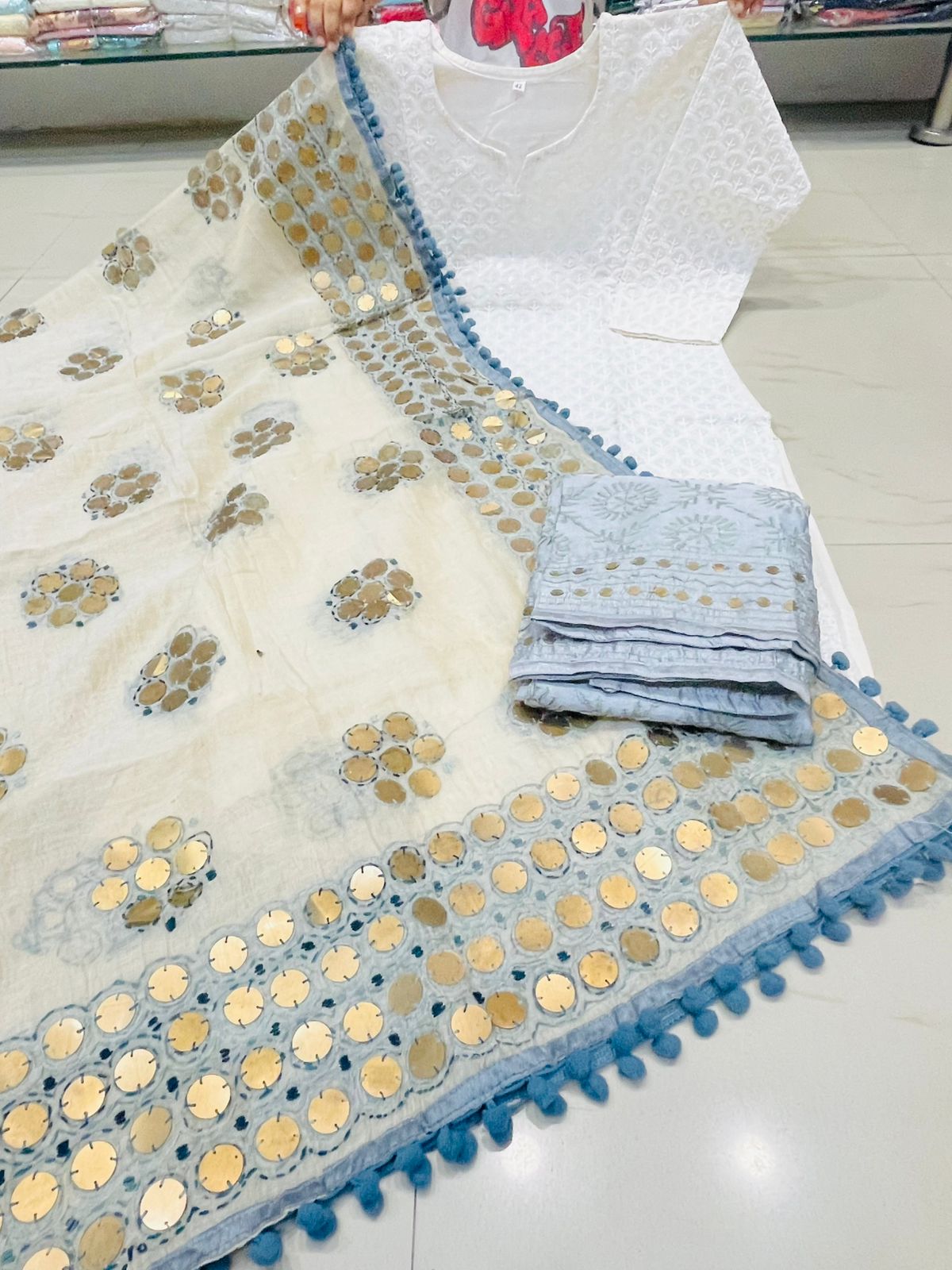 Blueish Grey Chikankari Kurti Plazo Set with Golden Mirror Phulkari Dupatta Plus Sizes