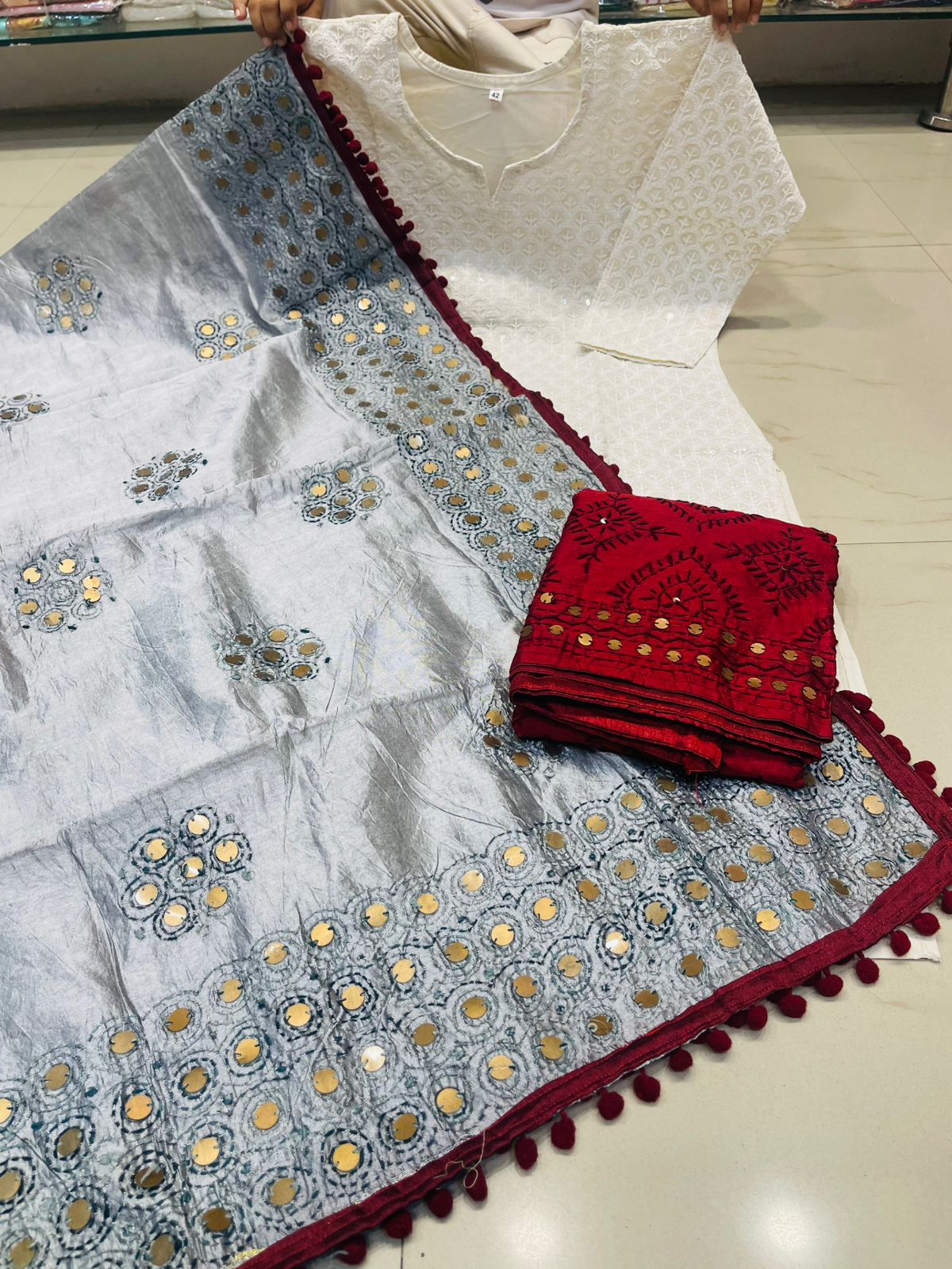 Maroon and Grey Chikankari Kurti Plazo Set with Golden Mirror Phulkari Dupatta Plus Sizes