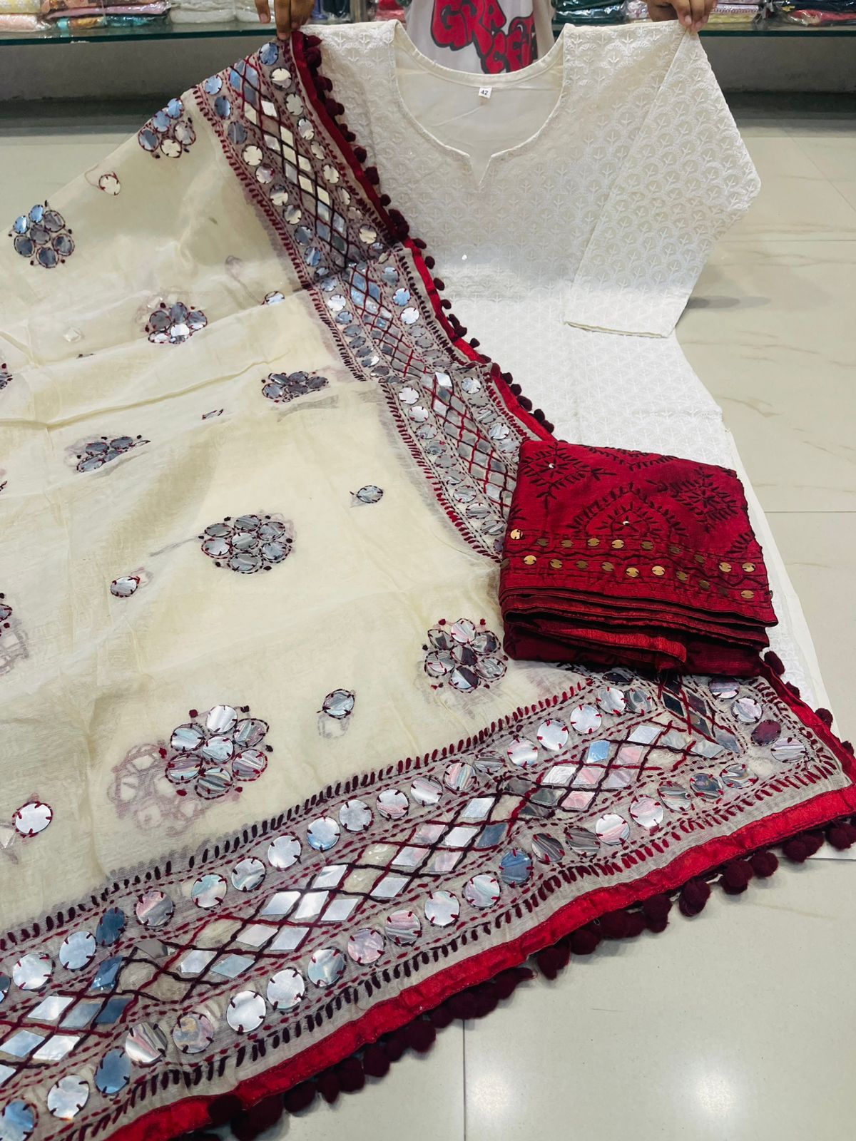 Beige Maroon Chikankari Kurti Plazo Set with Golden Mirror Phulkari Dupatta Plus Sizes