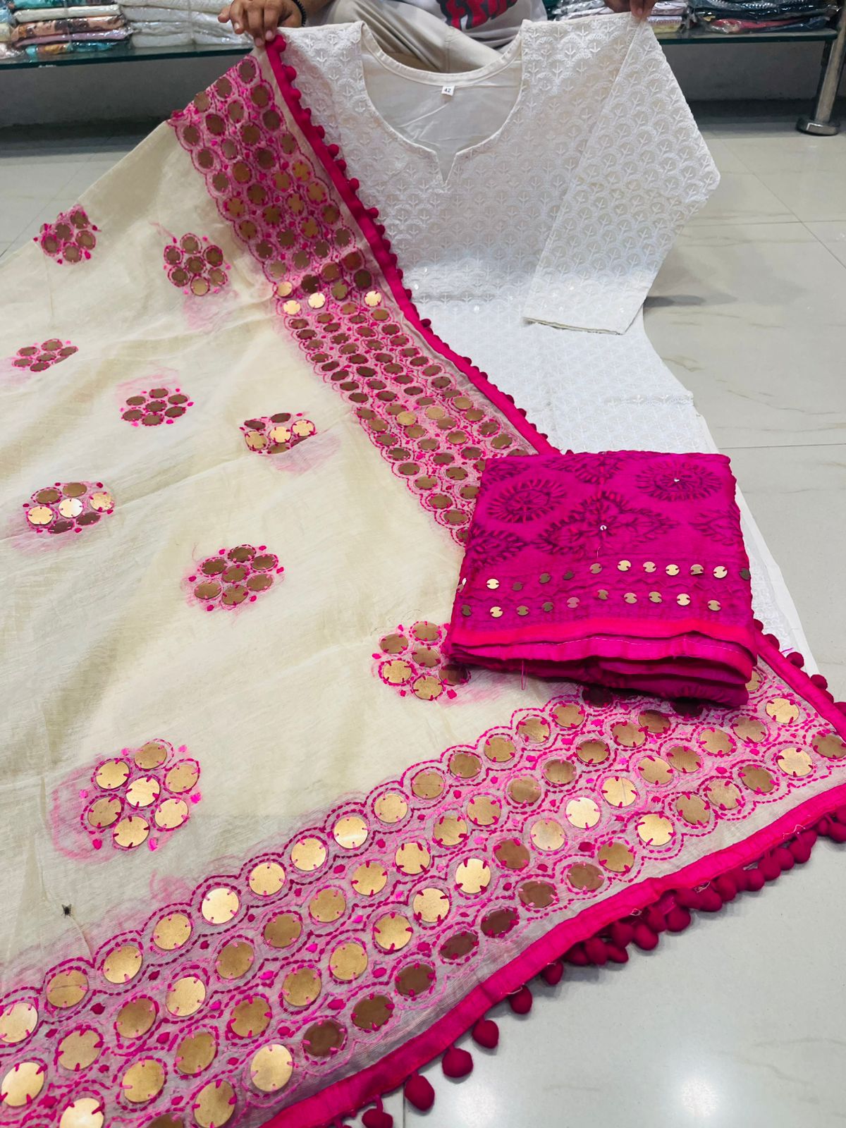 Beige Pink Chikankari Kurti Plazo Set with Golden Mirror Phulkari Dupatta Plus Sizes