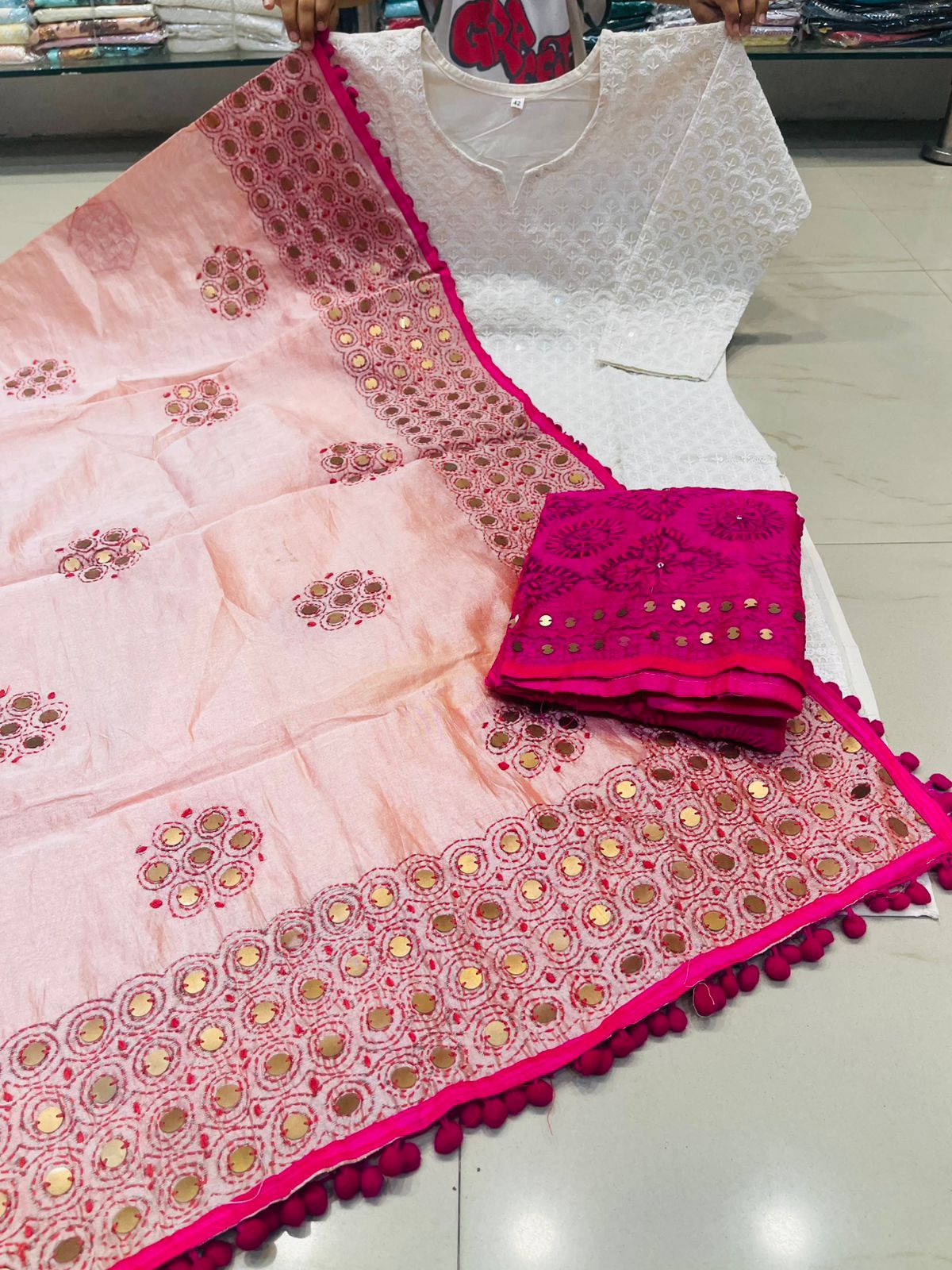Baby Pink Chikankari Kurti Plazo Set with Golden Mirror Phulkari Dupatta Plus Sizes
