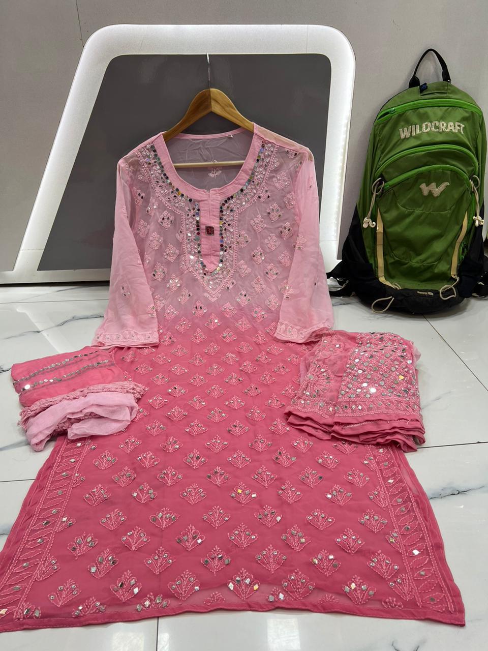 Pink Chikankari Elegance Ombré Mirror Booti Jaal Set - Kurti, Sharara & Dupatta - Inayakhan Shop