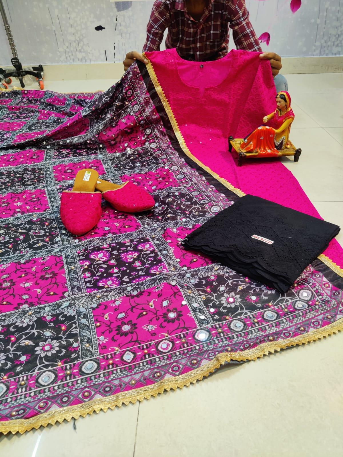 Pink Chikankari Kurta and Black Pallazo With Jutti and Beautiful Multicolor Pakistani Mirror Dupatta - Inayakhan Shop