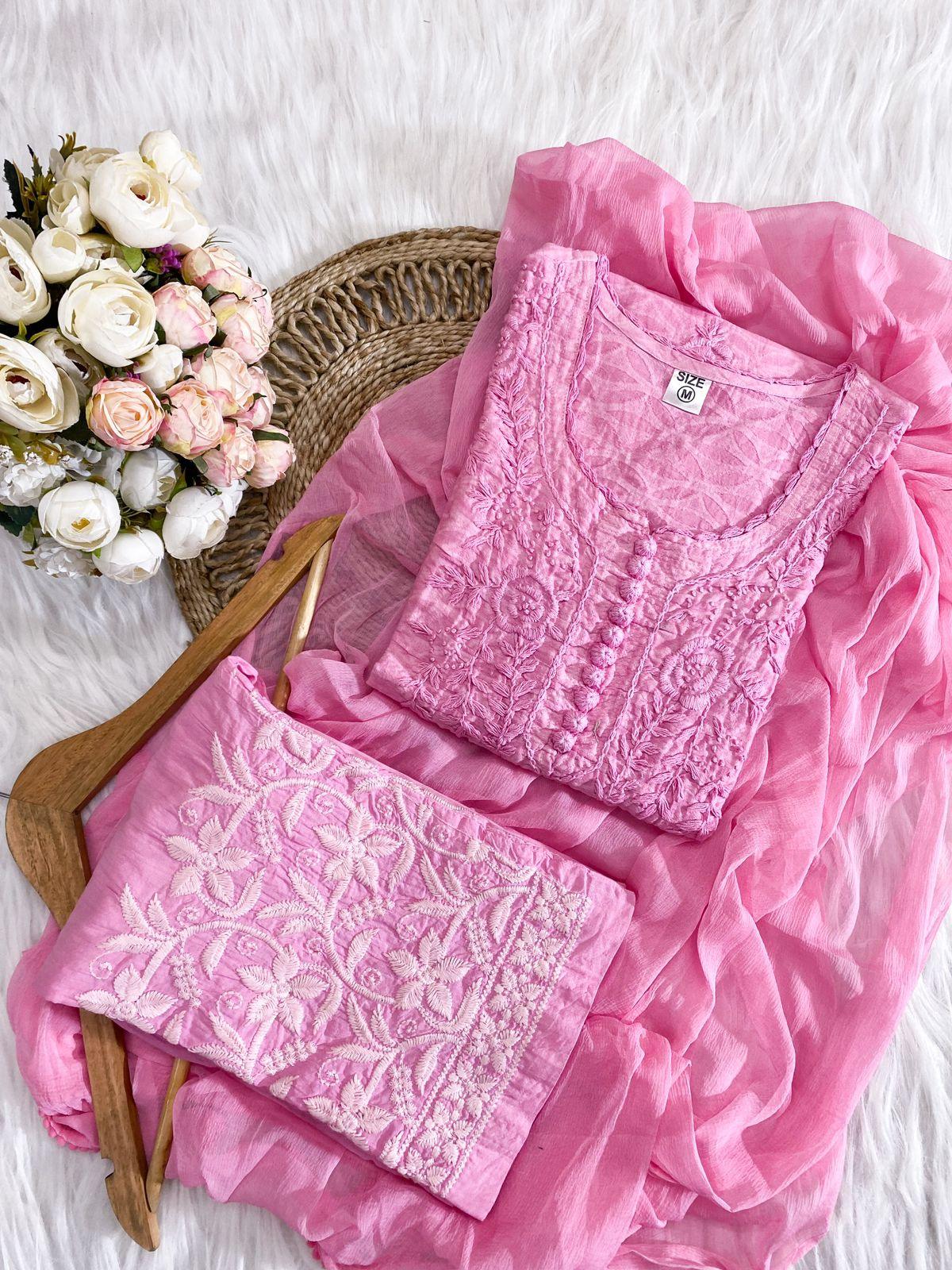 Pink Color Aurora Breeze Brasso Chikankari Cotton Ensemble 3 Pc Set - Inayakhan Shop