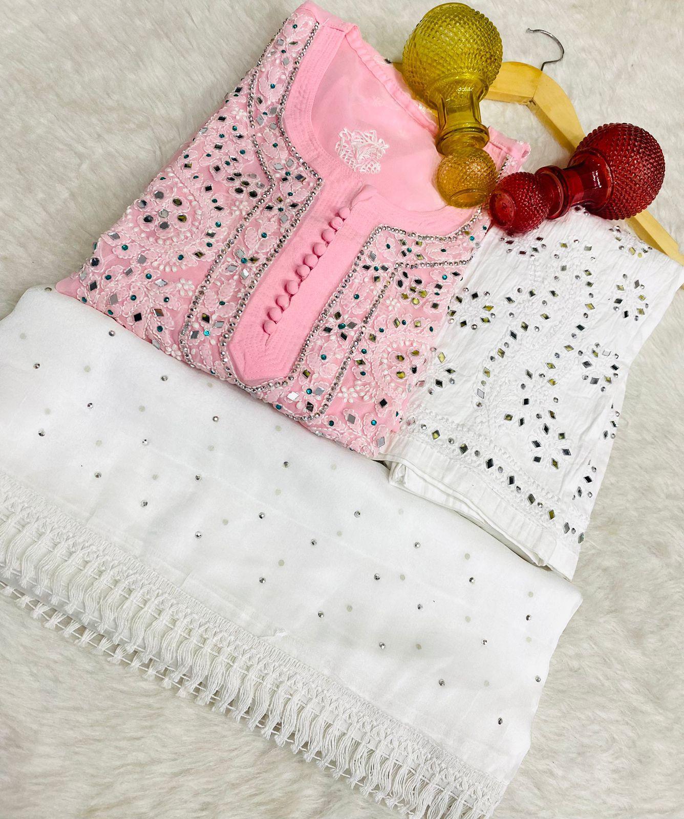 Pink Color Luminous Luxe Lucknawi Chikankari 3 Pc Ensemble - Inayakhan Shop