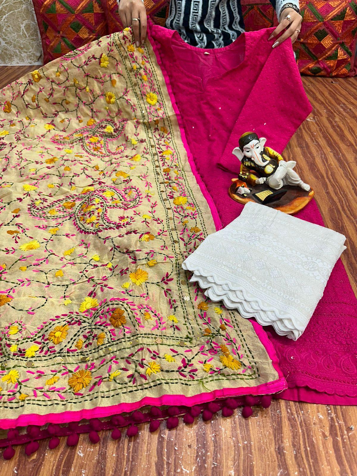 Pink Design 1 Regal Charm Chikan Kurti Pom Pom Duppatta Set and Sharara - Inayakhan Shop