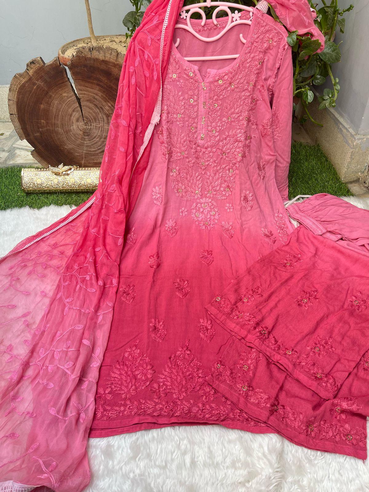 Pink Elegance in Rayon Chikankari Ensemble - Inayakhan Shop