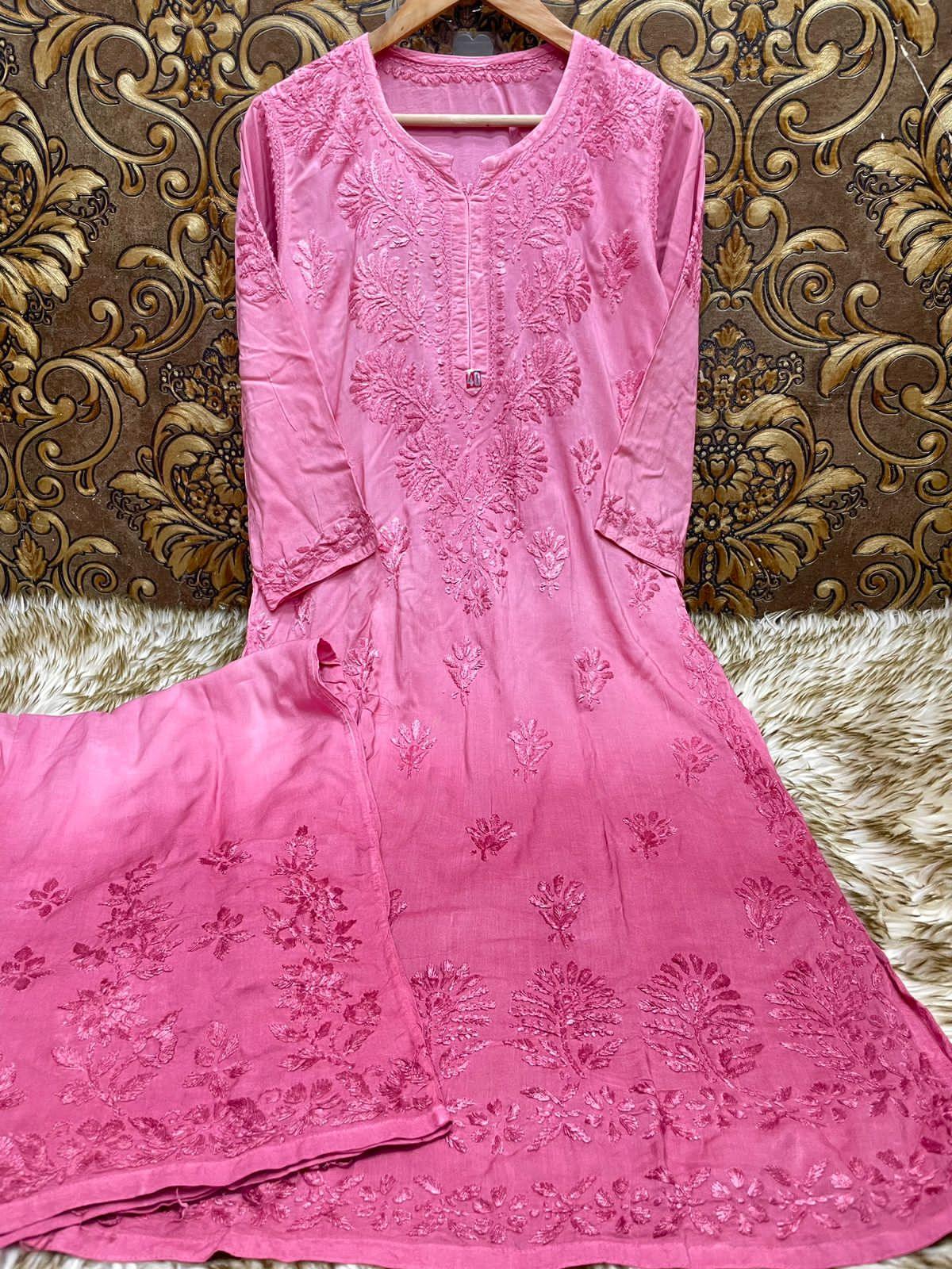 Pink Elegant Euphoria: Luxe Lucknowi Chikankari Modal Palazzo Set - Inayakhan Shop