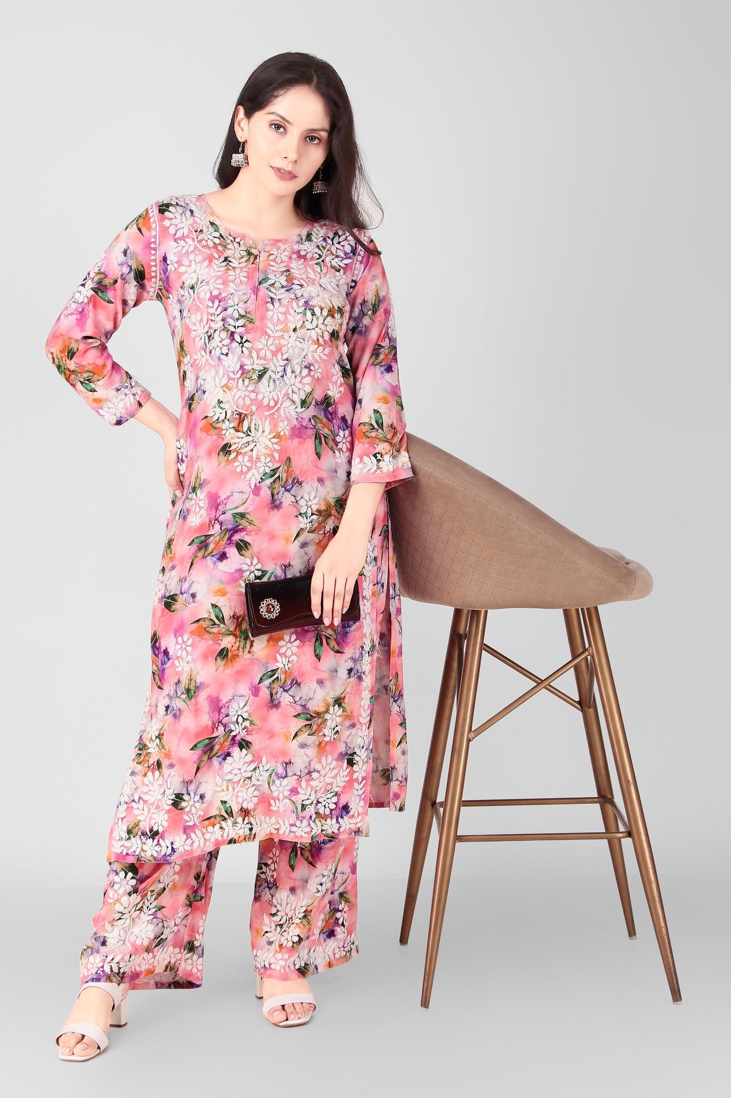 Pink Floral Printed Lucknow Chikankari Pallazo Set - Inayakhan Shop
