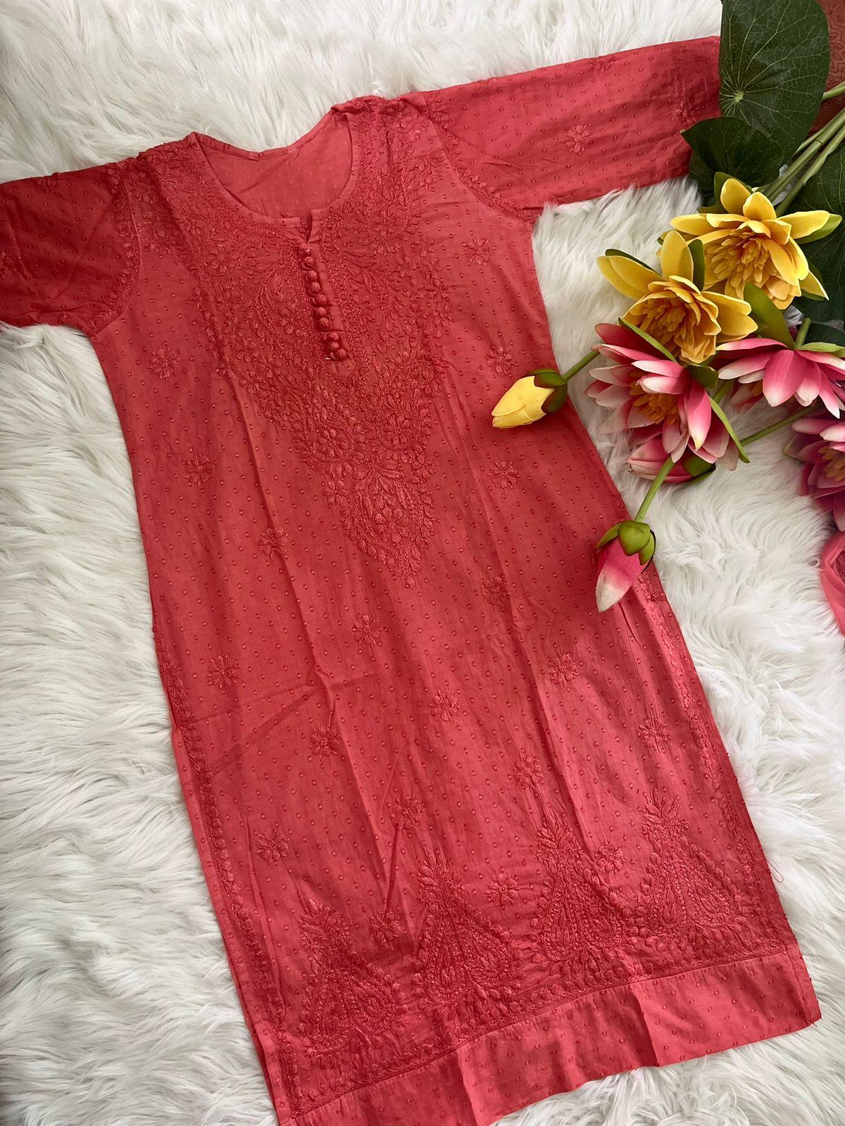 Pink Lucknow Chikankari Hand Work Dobby Cotton Tone-to-Tone 3-Piece Co-ord Palazzo Set with Chiffon Dupatta - Inayakhan Shop