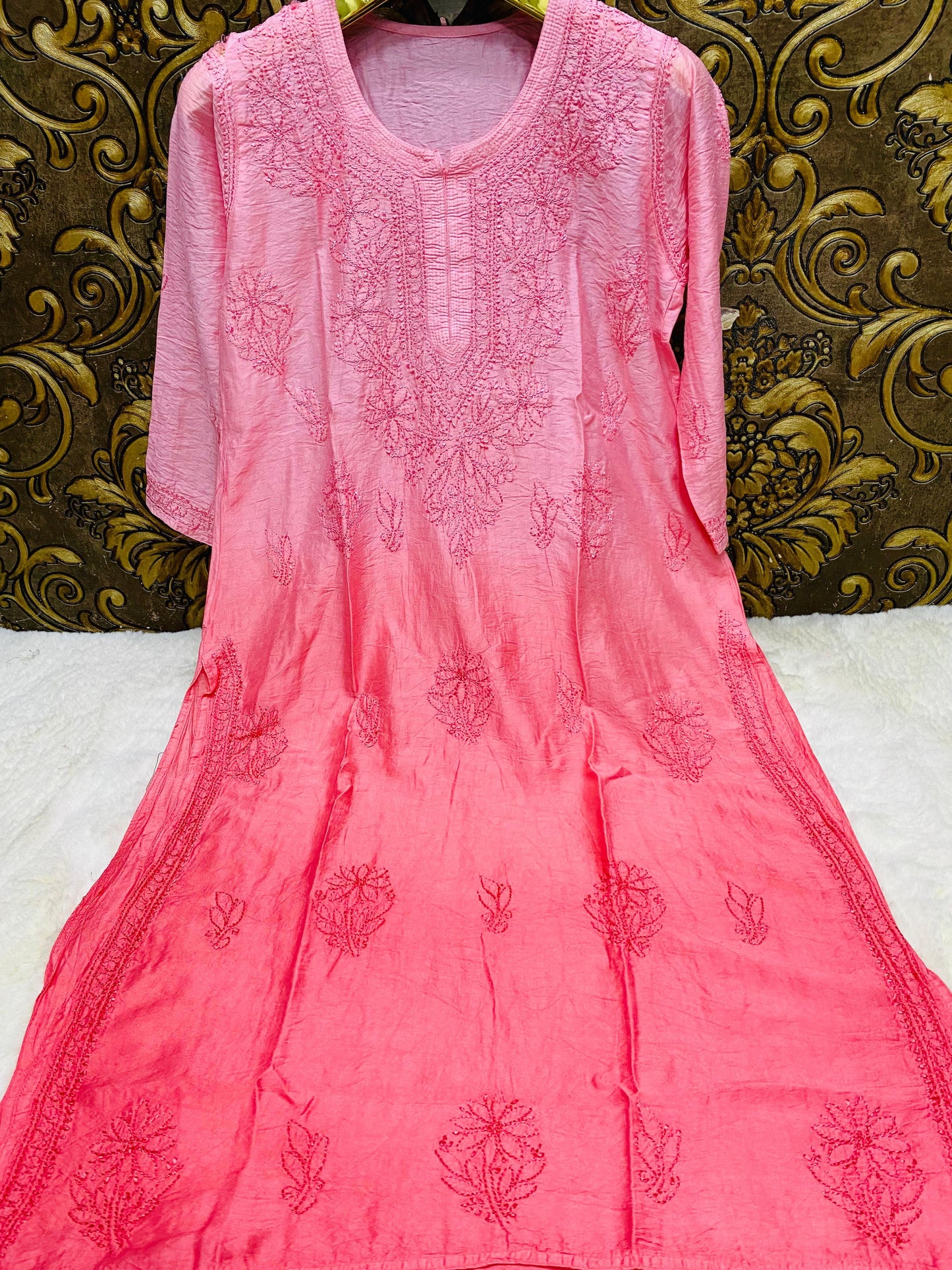 Pink Lucknowi Chikankari Beautiful Premium Chanderi Resham Work Kurti - Inayakhan Shop