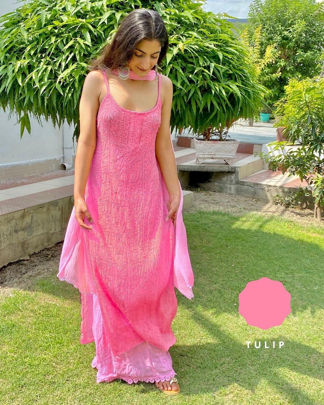 Pink Viscose Strappy Chikankari Handwork Short Kurti , Viscose Sharara, Chiffon Dupatta - Inayakhan Shop