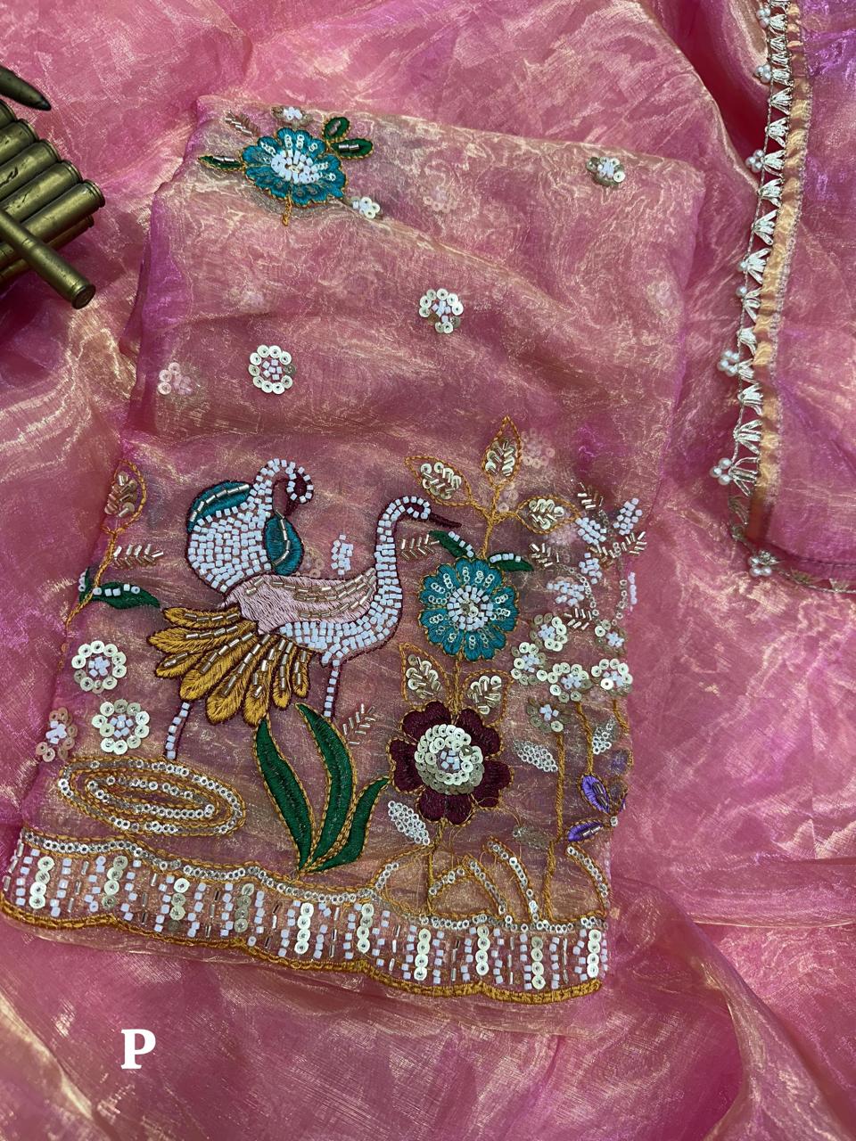 Peach Designer Pearl Work Liquid Organza Saree Blouse Set