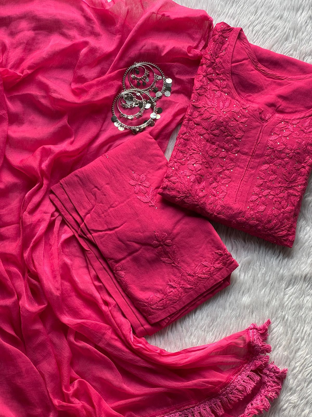 Pink Iconic Mukaish Work Lucknow Chikankari 3-Piece Set