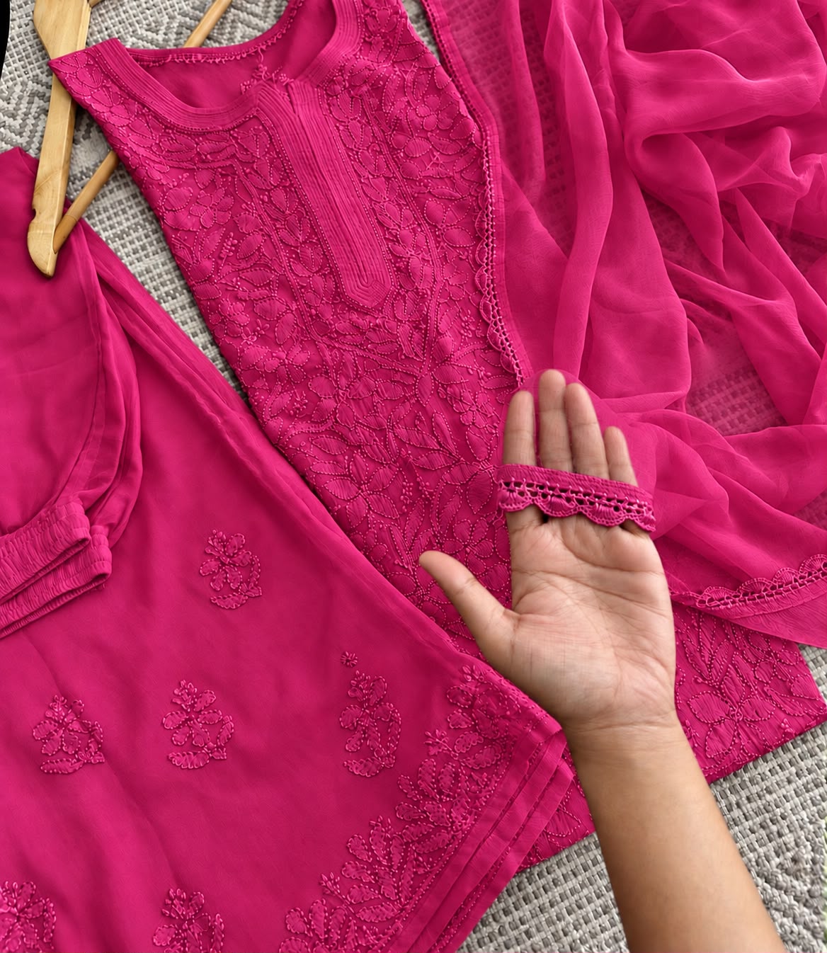 Premium Deep Pink Resham Viscose Jaal Kurti, Palazzo & Dupatta Set (New)