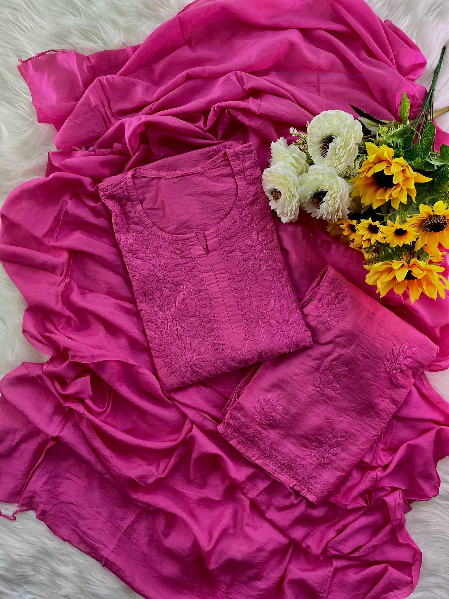 Pink Handcrafted Tone-on-Tone Lucknowi Chikankari Chanderi Silk Set