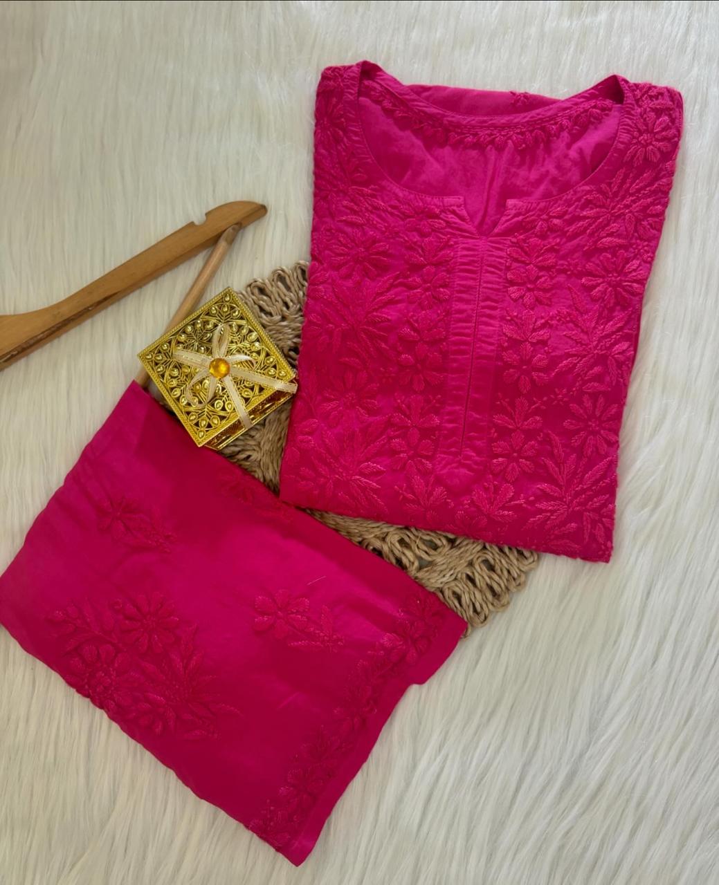 Elegant Pink 3 pc Ethereal Dyeble Modal Chikankari Kurta Set up to 5XL