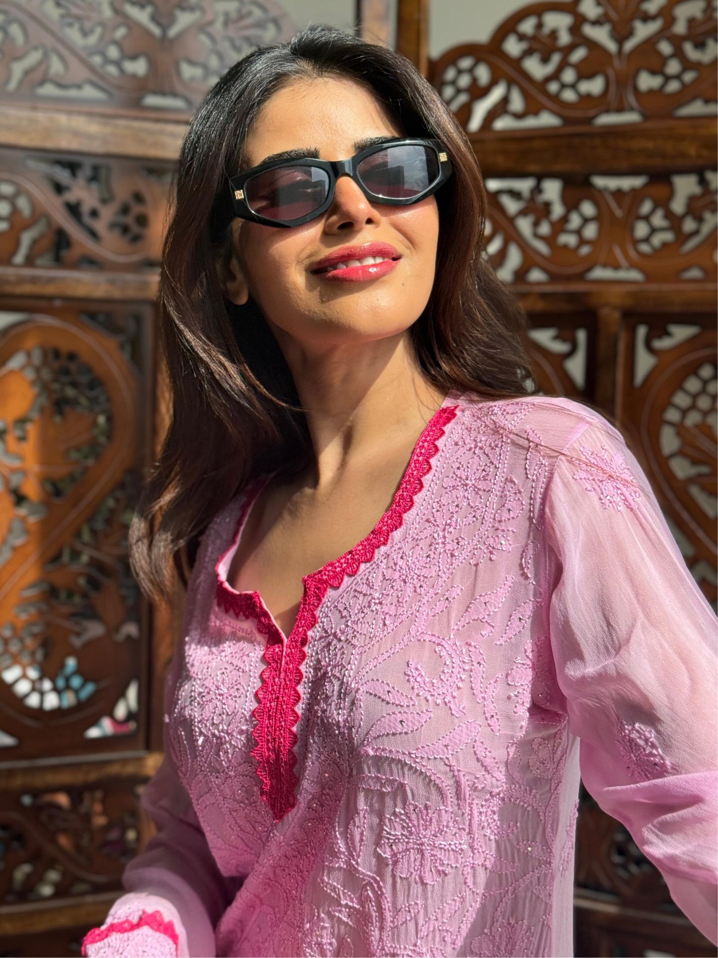 Pink Premium Resham Viscose Jall Short Kurti