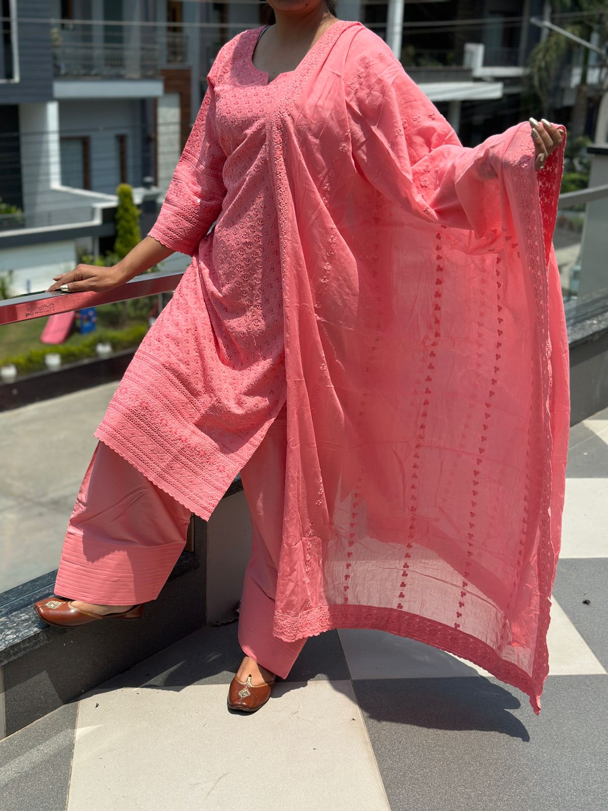 Pink Elegant Chikankari Set with Farshi Salwar – Pure Cotton Ensemble
