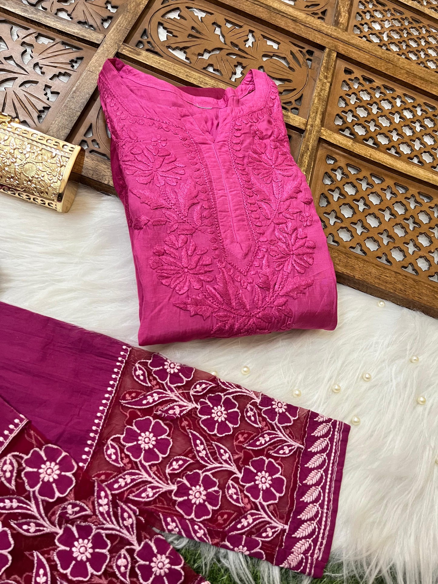 Pink Handcrafted Lucknow Chikankari Muslin Coord Set