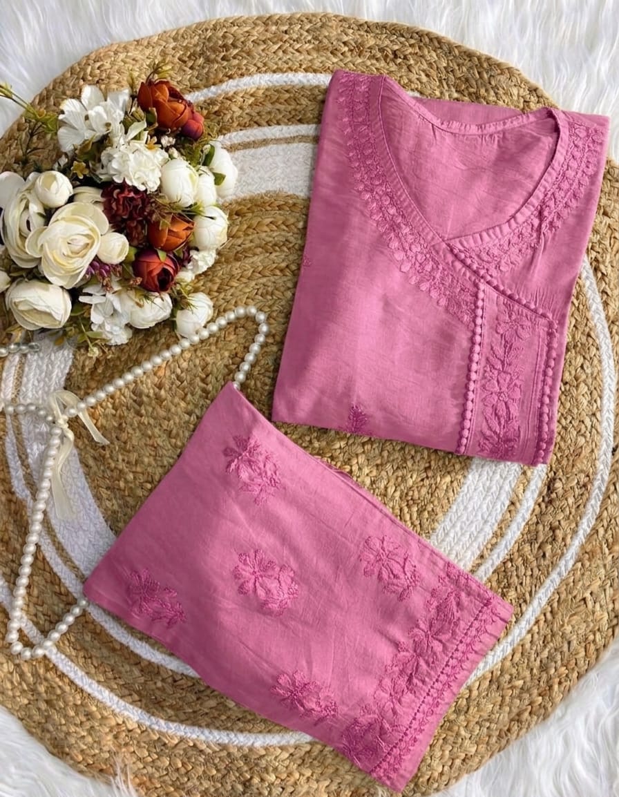 Premium Dusty Pink Chanderi Silk Lucknow Chikankari Kurti & Lace Pant Set (NEW)