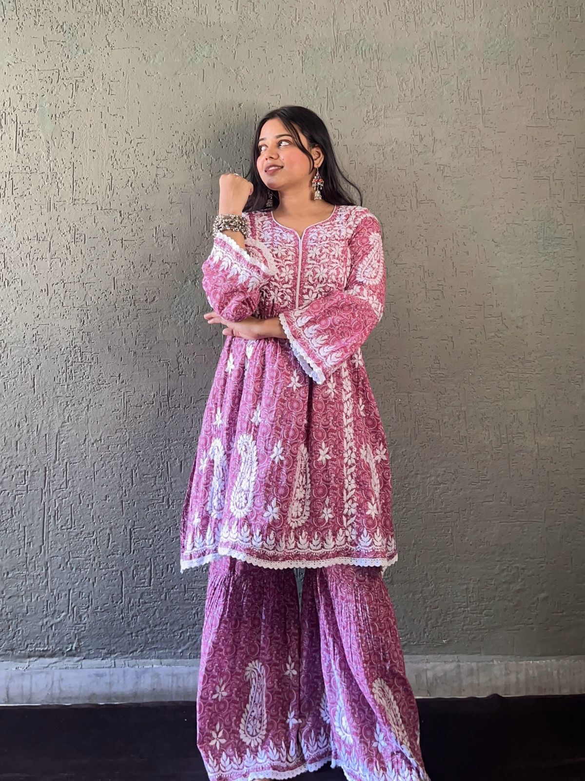 Pink Premium Lucknowi Chikankari Lace Printed Mal Mal Bell Sleeves Co-Ord Gharara Set