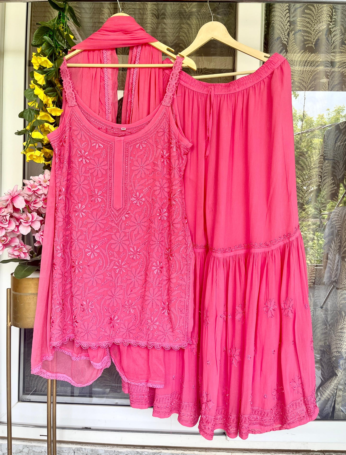 Pink Lucknow Chikankari Resham Work Viscose Short Kurti & Gharara Set with Chiffon Dupatta