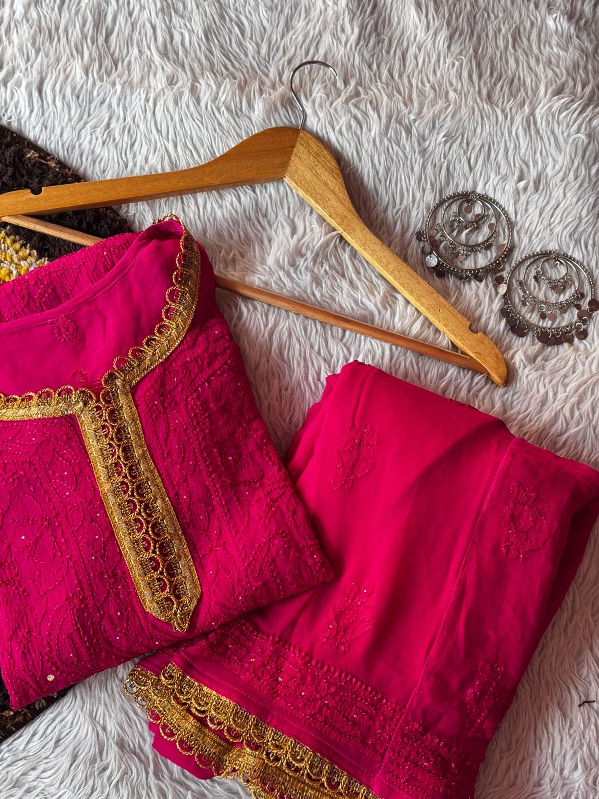 Pink Premium Lucknow Chikankari Viscose Kurta, Palazzo & Dupatta Set with Mukaish and Lace Work